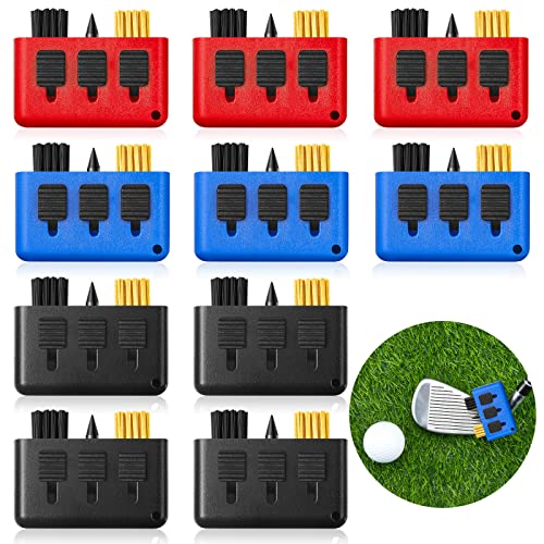 Nuanchu 10 Packs 3 in 1 Golf Club Brush, Retractable Multiple Golf Club Cleaner with Groove Sharpening Tool, Pocket Size Cleaning Accessories - color: Black, Red, Blue