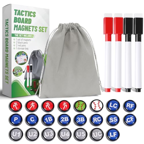 ZPU 23 Picese Baseball Magnets Set with 2 Dry Erase Black Marker Pens, 2 Red Marker Pens, 1 Storage Bag, Tactics Strategy Board Coaches Clipboard Accessories (Board NOT Included) - style: Baseball