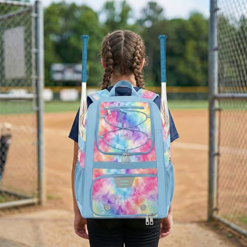 Youth Baseball Bag - Softball Bag for Girls & Boys with Shoes Compartment, Bat Backpack for Baseball, T-Ball & Softball Equipment - color: Tie-dye-Blue