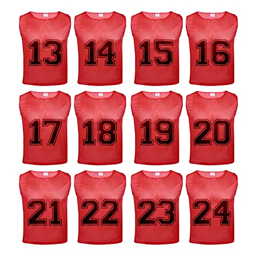 Athllete 12 pcs Duramesh Pinnies/Scrimmage Vest - Kids Youth and Adult Pinnies, Numbered Penny Jerseys for Soccer - color: Red Numbered Front/Back (13-24), size: Medium