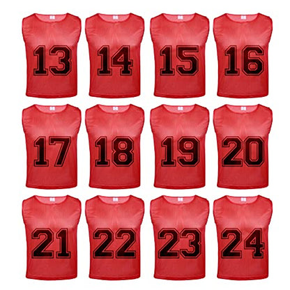 Athllete 12 pcs Duramesh Pinnies/Scrimmage Vest - Kids Youth and Adult Pinnies, Numbered Penny Jerseys for Soccer - color: Red Numbered Front/Back (13-24), size: Large
