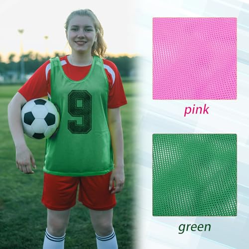 Vabean 24 Pack Nylon Mesh Scrimmage Team Practice Vests Pinnies Jerseys Train Vest for Adult Sport Basketball Soccer Football - color: Pink, Grass Green