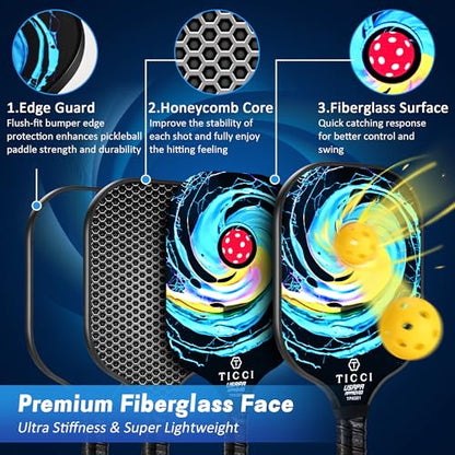 Pickleball Paddles Set of 2, USAPA Approved Fiberglass Pickleball Set with 4 Balls & Carry Bag, Lightweight Rackets for Beginners & Adults - color: Vortex 3