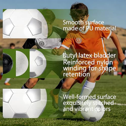 Soccer Ball Size 3 with Pump Needle, Size 3 Trainning Classic White Black Thicker PU Tight Weaved Suitable for Youth Boy League Game Trainning - color: White+Silver