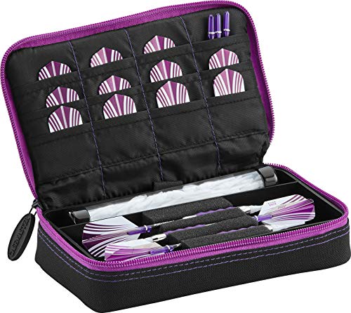 Casemaster Plazma Dart Case for Soft and Steel Tip Darts, Holds 3 Darts and Features Built-In Storage Tube and Pockets for Flights, Tips, Shafts, and Personal Items - color: Amethyst Trim