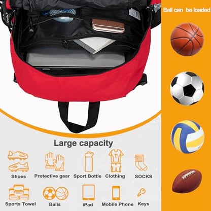 Goloni Soccer Backpack,Basketball Backpack with Ball Compartment & Shoe Compartment,Backpack for Basketball,Soccer - color: Red