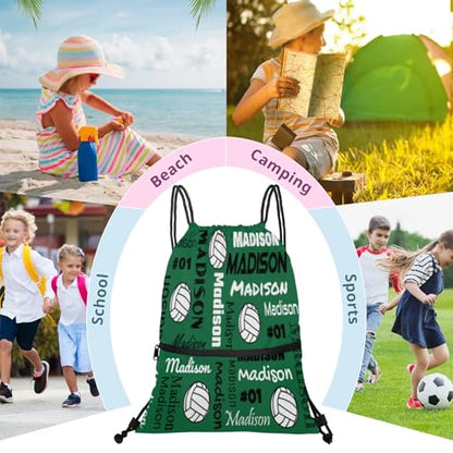Custom Volleyball Style Drawstring Bag, Personalized Sports Ball Backpack Drawstring Sack Cinch Bags for Team Gift Party Favors, Green - color: Light Green