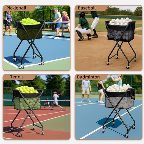 STORAGE MANIAC Foldable Tennis Ball Hopper Pickleball Bag Holds 150 Pickleballs or 180 Tennis Balls Collector Pickleball Retriever Pick Up Ball Basket Ball Caddy with Wheels Portable Training Cart
