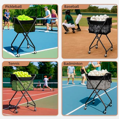 STORAGE MANIAC Foldable Tennis Ball Hopper Pickleball Bag Holds 150 Pickleballs or 180 Tennis Balls Collector Pickleball Retriever Pick Up Ball Basket Ball Caddy with Wheels Portable Training Cart