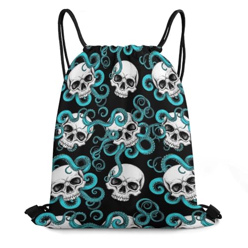 Drawstring Backpack Gym Sackpack Lightweight Waterproof String Bag for Sports Travel Yoga Beach Swimming, Men Women Unisex, Blue Octopus Kraken Sugar Skull Bags - color: Picture (625)