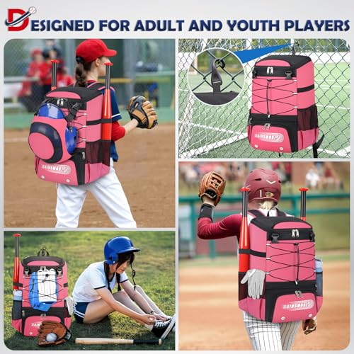 RAINSMORE Baseball Bag for Youth & Adult Lightweight Softball Bat Bag with Shoe Compartment, External Helmet Holder and Fence Hook Waterproof Baseball Backpack Hold T-Ball, Bat and Softball Equipment