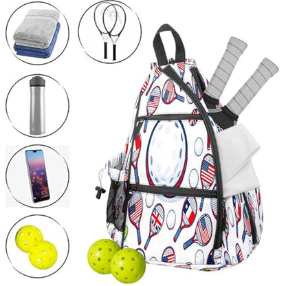 Print Pickleball Backpack White Sports Rackets | Padded 6-Paddle Compartment & Separate Shoe Bag | Multi-Pocket Sports & Gym Backpack for Tennis, Travel, Commute