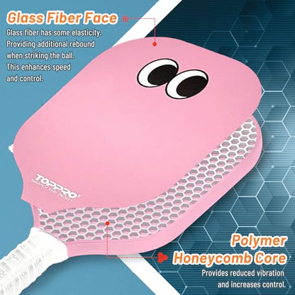 TOPPRO Pickleball Paddles Set of 2, Fiberglass Face, Polypropylene Honeycomb Core, Lightweight Pickleball Rackets 2 Pack - color: EYE Pink& White