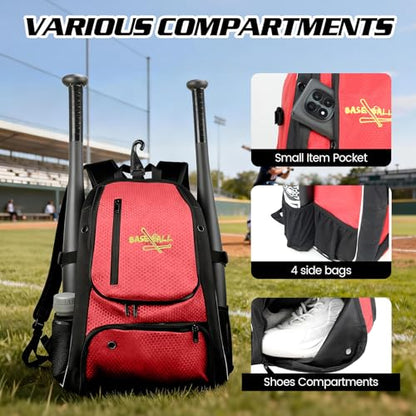 Youth Baseball Bag, Lightweight Softball Bag with Shoes Compartment, Baseball Backpack with Fence Hook for TBall Bat & Equipment - color: Red