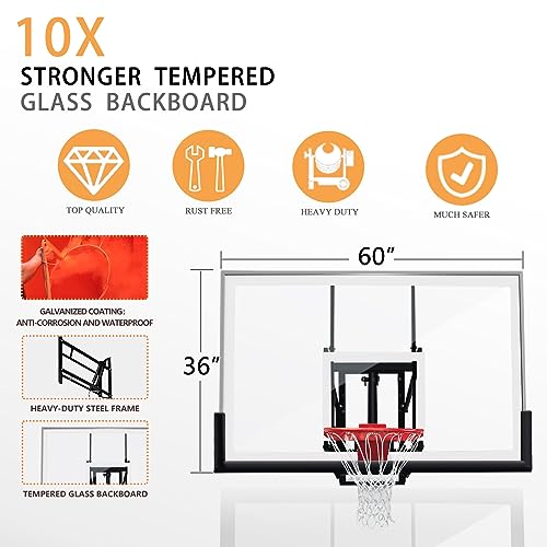 Basketball Hoop Garage Wall Mounted Adjustable-Height, with 60''x36''Tempered Glass Backboard, Pro-Style Breakaway Rim, Durable Bracket and All Weather Net
