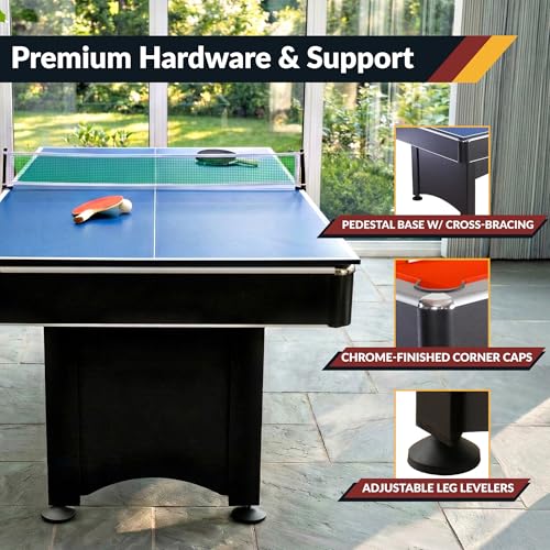 Hathaway Maverick 7 Foot Pool Table with Table Tennis Top – with Accessories for Both Games – Space-Saving Ping Pong and Pool Table Combo for Families – Matte Black Finish - color: Black with Red Felt