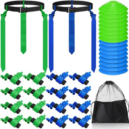 Wettarn 10/16 Player Flag Football Belts Adjustable Flag Football Set with Cones Bag for Youth Adults Kids Training Sport - color: Blue, Green