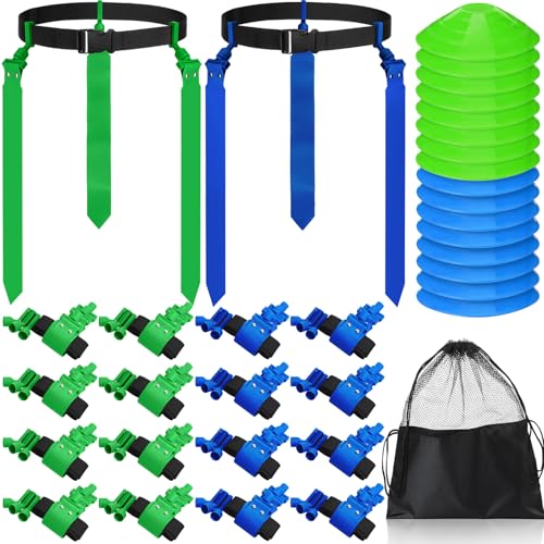 Wettarn 10/16 Player Flag Football Belts Adjustable Flag Football Set with Cones Bag for Youth Adults Kids Training Sport - color: Blue, Green