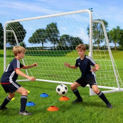 NAIZEA Soccer Goals - 24x8/21x7/18x7/12x6/16x7/10x6/8x6/6x4FT Soccer Goals for Backyard Training- Portable Metal Soccer Net for Youth & Adults - Heavy Duty Steel for Indoor Outdoor Games & Practice - size: 12ft x 6ft, style: Trainer-White/Steel
