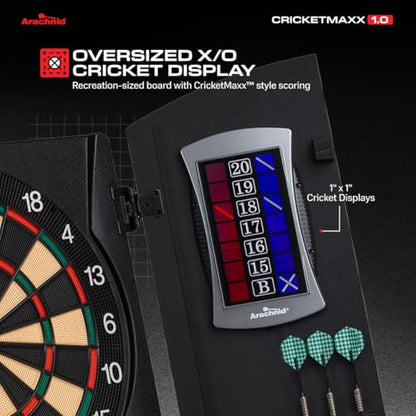Arachnid CricketMaxx 1.0: 13.5” recreation size with wood cabinet. Features 34 games, 183 variations, 8-player LED X/O scoring, and Heckler mode. Integrated storage for darts and accessories