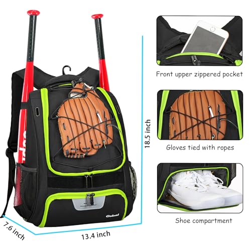 Goloni | Baseball Backpack,Baseball Bag for Adult,Softball Bat Bag with Shoes Compartment,Large Main Compartment for Helmet & accessories, Fence Hook - color: Lemon green