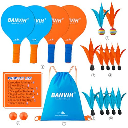 Banvih Badminton Set 4 Rackets - Beach Games & Yard Games for Adults and Family, Outdoor Games for Kids 8-12, Paddle Ball Set with Birdies, Lawn & Camping Games, Beach Toys for Summer Fun