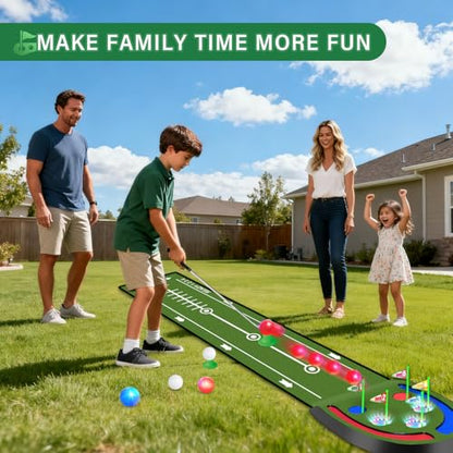VATOS Upgraded Golf Putting Mat Indoor for kids - Golf Game Set with LED Balls, Glow Cups, Irons & Putters, Portable Putting Green Outdoor for Home Backyard Office Party, Golfing Gifts for Kids Adults