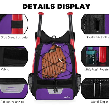 Goloni | Baseball Backpack,Baseball Bag for Adult,Softball Bat Bag with Shoes Compartment,Large Main Compartment for Helmet & accessories, Fence Hook - color: Purple