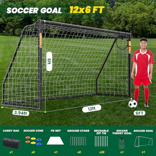 NAIZEA Soccer Goal - 12x6/10x6/8x6/6x4FT Soccer Goals for Backyard, Portable & Weatherproof HPVC Soccers Goal w/Soccer Net Durable Post for Adults & Youth Outdoor's Practice Training - size: 12x6 FT, style: Foldable-Black
