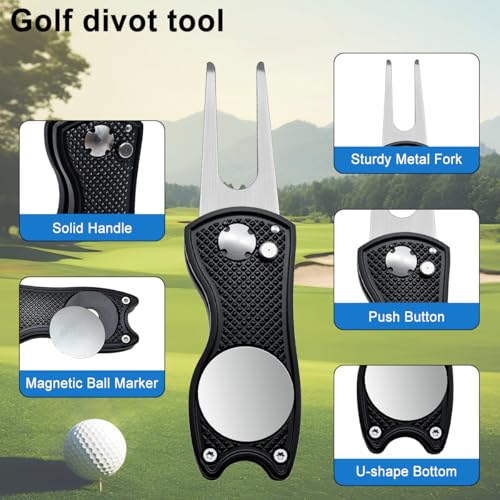 Golf Divot Repair Tool, 1 Pack, Black Metal Foldable Golf Repair Kit with Magnetic Putt Alignment Ball Marker & Pop-up Button Ball Marker, Stainless Steel Ball Marker Switchblade for Golfers