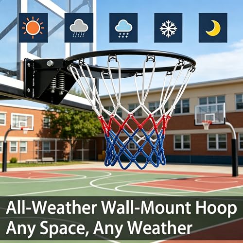 Rakon 18" Replacement Basketball Rim Wall Mount Hoop Hand-Crank Backboard Mounted for Indoor/Outdoor Classic Basketball Court, Teens, Adults, Schools, Parks - color: 18" Black Spring