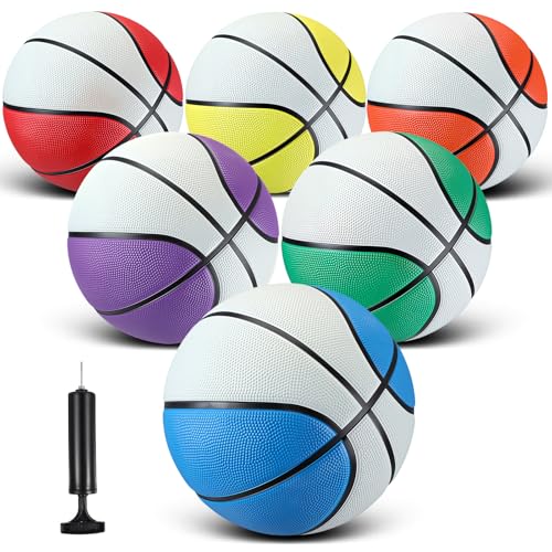 Jenaai 6 Pcs Rubber Basketballs Official Size Bulk Streetballs Multicolor Basket Balls with Pump Plain Basketball Set for Adult Youth Gifts Indoor Outdoor Training Games - size: Size 7, style: White Stitching