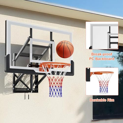 54" Wall Mount Basketball Hoop with Shatterproof PC Backboard, 6.6FT-10FT Height Adjustable, Professional Breakaway Rim & Steel Reinforced Construction, Ideal for Slam Dunks