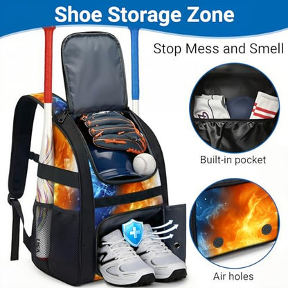 Youth Baseball Bag - Softball Bag for Girls & Boys with Shoes Compartment, Bat Backpack for Baseball, T-Ball & Softball Equipment - color: Lighting-Yellow Blue