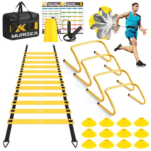 MUROZA Agility Ladder, Agility Speed Training Equipment Set, 20ft Speed Ladder, 12 Soccer Cones, 4 Hurdles, Jump Rope, Running Parachute, Soccer Football Basketball Training Equipment Accessories - color: Yellow