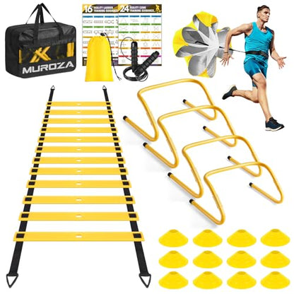 MUROZA Agility Ladder, Agility Speed Training Equipment Set, 20ft Speed Ladder, 12 Soccer Cones, 4 Hurdles, Jump Rope, Running Parachute, Soccer Football Basketball Training Equipment Accessories - color: Yellow