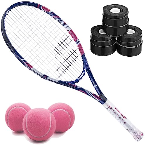 Babolat B'Fly Tennis Racquet Bundled with 3 Overgrips and 3 Pink Tennis Balls - color: Black Overgrip, size: 19" Racquet