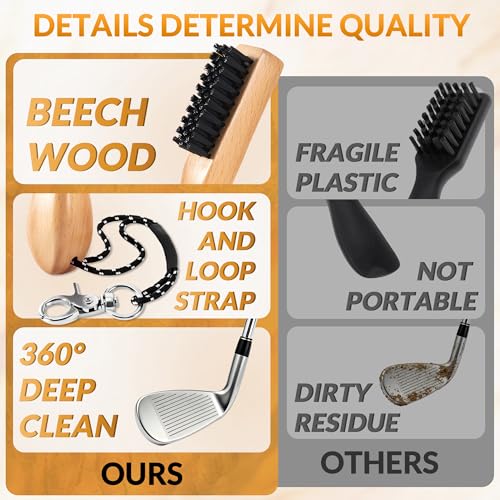 Belongtous Golf Clubs Scrub Cleaning Brush: Golf Accessories for Men Women Golfers - Nylon Bristle Beech Wood Brush Groove Cleaner with Nylon Rope & Hooks