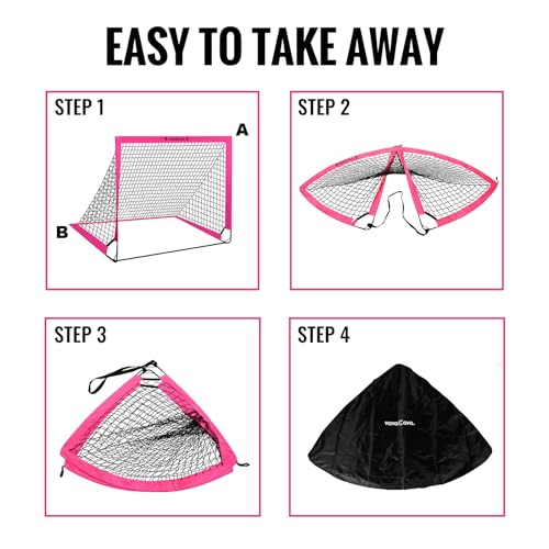 VavaCava 4'x3' Pink Kids Soccer Goal Set, 2 Portable Pop Up Soccer Goals for Backyard, 2 Size 3 Balls, 10 Cones, Pump, Carry Bag, Little Monster Keychain & SGS Certificate, Toddler Soccer Net