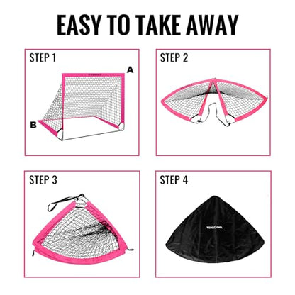 VavaCava 4'x3' Pink Kids Soccer Goal Set, 2 Portable Pop Up Soccer Goals for Backyard, 2 Size 3 Balls, 10 Cones, Pump, Carry Bag, Little Monster Keychain & SGS Certificate, Toddler Soccer Net