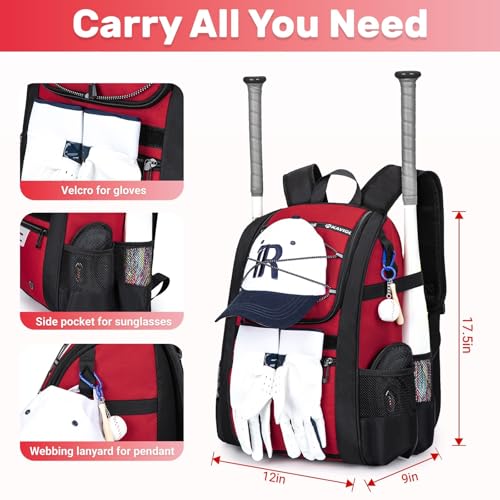 KAVIGOR Youth Baseball Bag, Softball Bag for Girls & Boys, Kids Tball Backpack with Shoes Compartment - color: Red