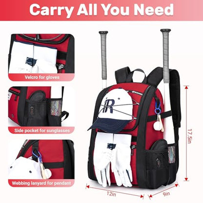 KAVIGOR Youth Baseball Bag, Softball Bag for Girls & Boys, Kids Tball Backpack with Shoes Compartment - color: Red