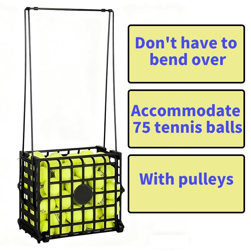 Portable Tennis Balls Hopper with Wheel - 75 Tennis Balls Capacity,Tennis Ball Retriever Basket Carrier Gatherer Picker Hopper Container ，Easy-Roll Design for Practice & Training