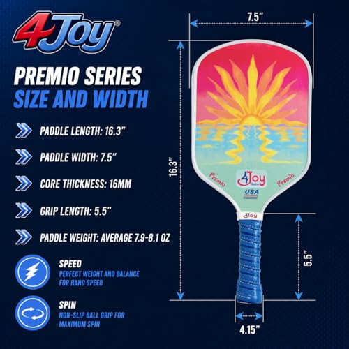 4Joy Pickleball Paddle Premio Series - Thermoformed Premium T700 Carbon Fiber Pickleball Paddless - Professional Pickleball Rackets for Women & Men - 16mm Honeycomb Core - USAP Approved - style: Sunset