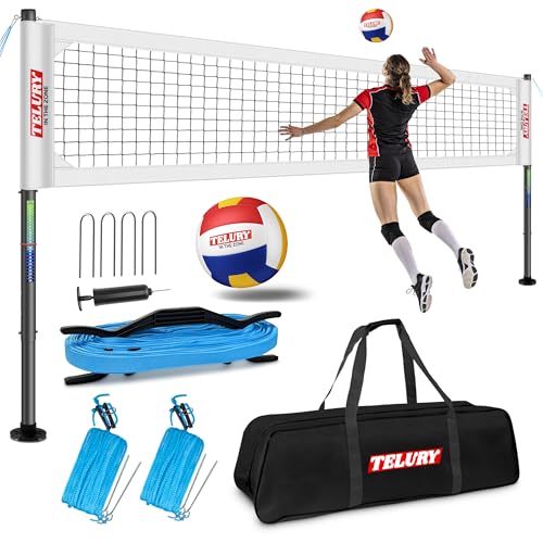 Heavy Duty Professional Volleyball Net Set Aluminum Poles, 32 ft Regulation Portable for Outdoor Backyard Beach, Anti-Sag, Adjustable Height & Length with Carry Bag - color: White
