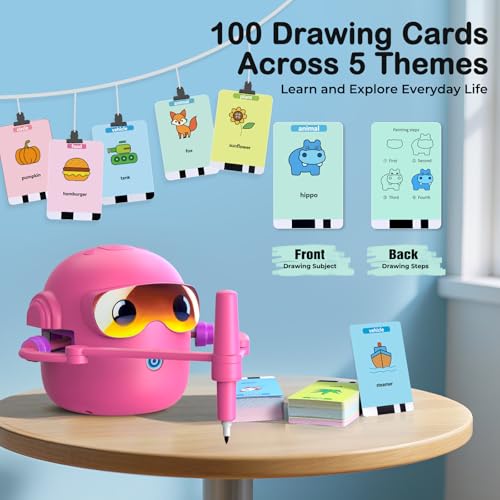 Drawing Robot for Kids with 100 Cards, Montessori Painting Learning Toys for 3 4 5 6 7 8 Year Old Boys Girls,Voice Interactive Early Learning Educational Drawing Toy Gift for Birthday Party - size: Pink