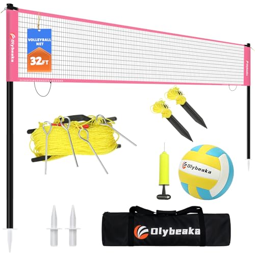 Portable Outdoor Volleyball Net Set for Backyard Beach with Adjustable Poles, Soft PU Volleyball & Pump, Carry Bag and Durable Anti-Sagging Net - color: Pink, size: 32ft