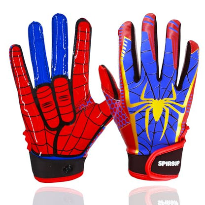 Youth Football Gloves for Boys Girls with Spider Tacky Grip, Flexible Kids Receiver Football Gloves- Blue Red - size: Youth X-Small/Small