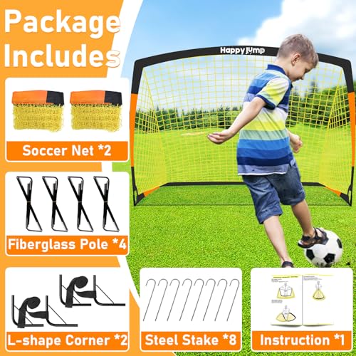 Happy Jump 7x5' & 5x3.6' Portable Soccer Goals for Kids Ages 6-14, Weatherproof Net and Steel Frame for Backyard Fun and Outdoor Training, Quick Setup and Sturdy for All Weather Conditions - style: 5x3.6 FT, 2 Set