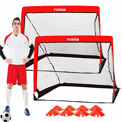 Poray Portable Soccer Goal Pop Up Soccer Net for Kids and Adults with 210D Oxford Fabric & Extra Stakes,Birthday Gift & Fun for Backyard and Soccer Training - color: Red & LED Light, size: 4FT